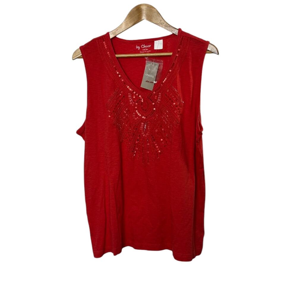 Chico's Salsa Red V-Neck Soutache Sleeveless Knit Top Sequins Sz XL 16 New $65